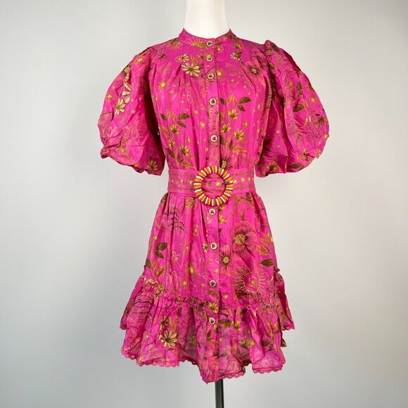 NWOT Farm Rio x Anthropologie Beaded Belt Puff Sleeve Pink Mini Dress Sz M - Picture 2 of 12